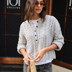 Ceres Life Ceres Life|Enid Cable Knit Henley|Silver Marle