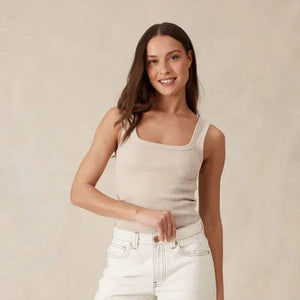 Ceres Life Zaeli Contour Rib Square Neck Tank | Oatmeal Marle