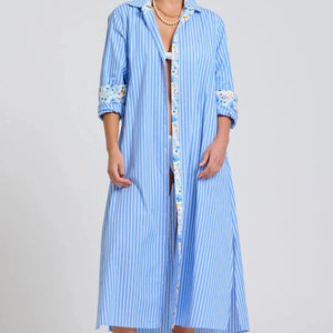 Shirty Luna Oversized Long Line Shirt Dress | Blue Stripe Floral Trim