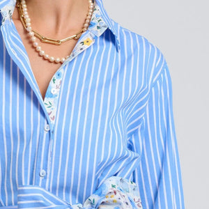 Shirty Luna Oversized Long Line Shirt Dress | Blue Stripe Floral Trim