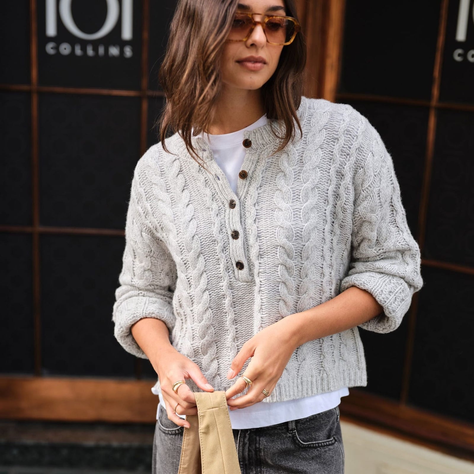 Ceres Life Ceres Life|Enid Cable Knit Henley|Silver Marle
