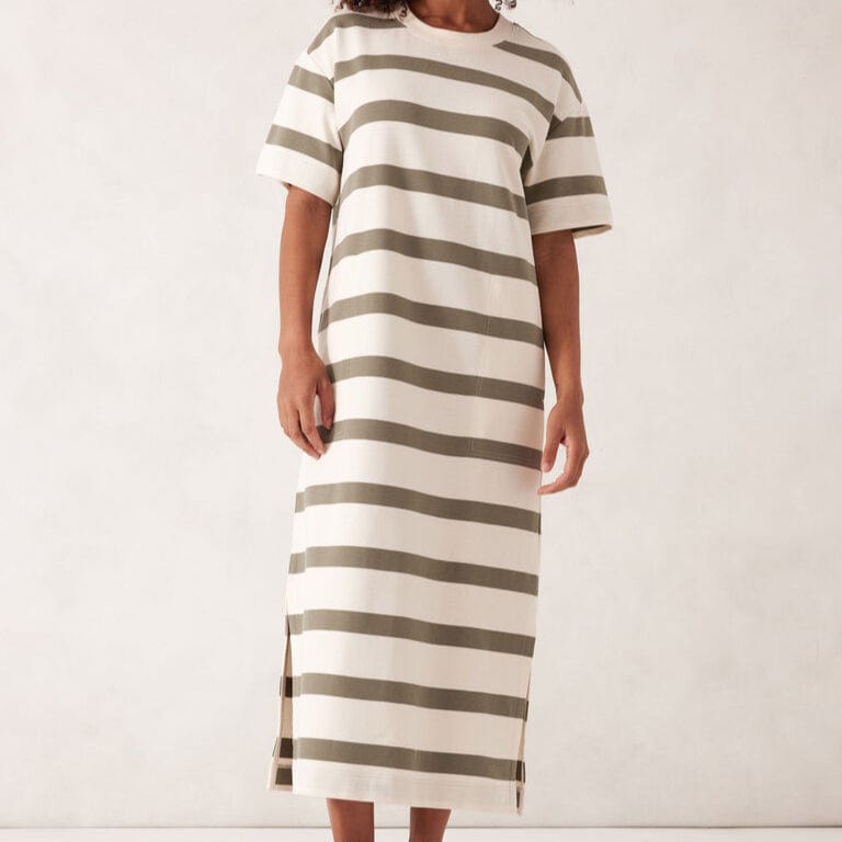 Ceres Life Charlotte Midi Terry Dress | Moss Green Stripe