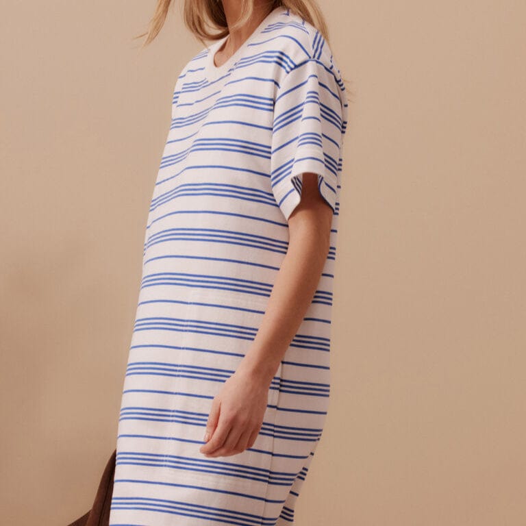 Ceres Life Charlotte Midi Terry Dress | White + Azure Blue Stripe