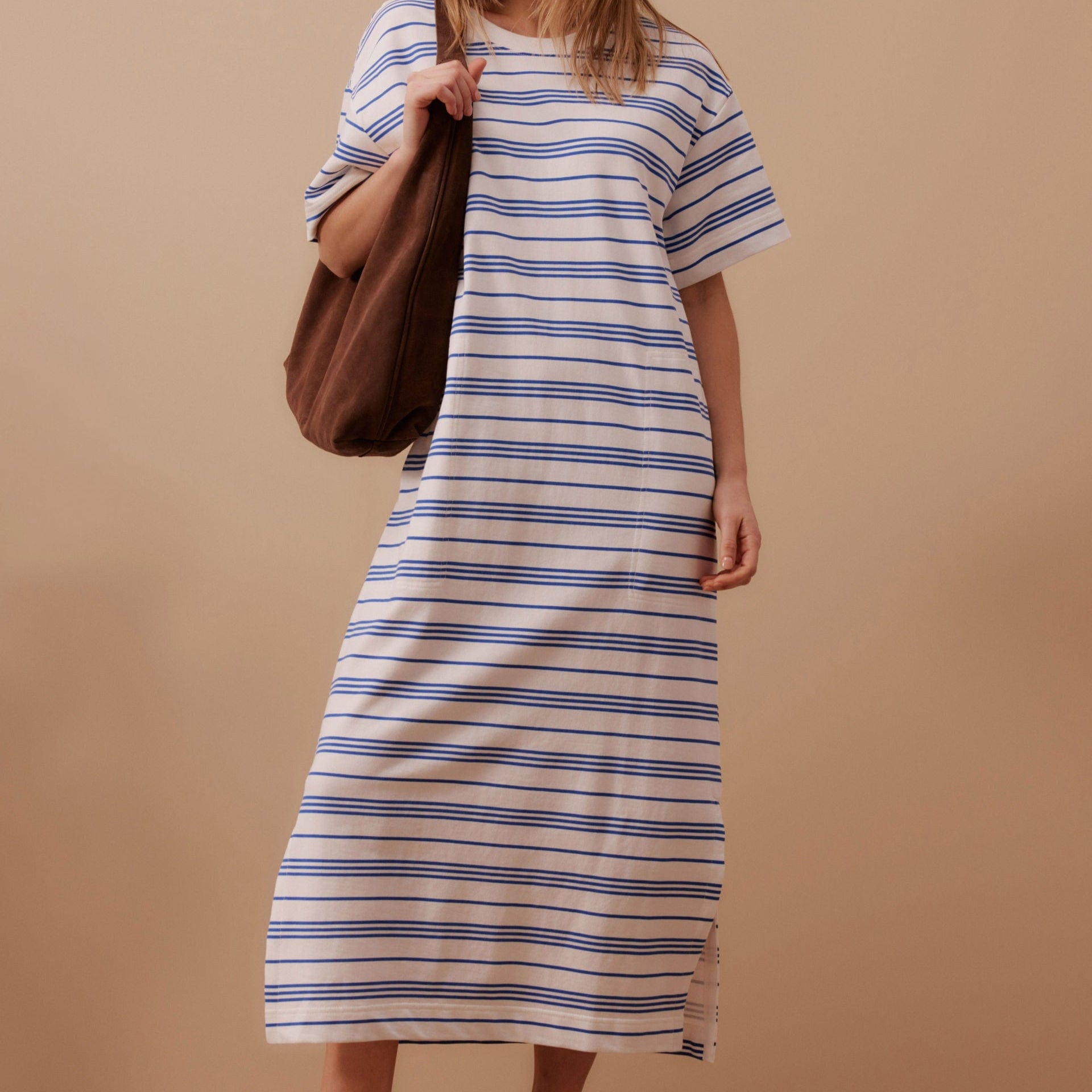 Ceres Life Charlotte Midi Terry Dress | White + Azure Blue Stripe