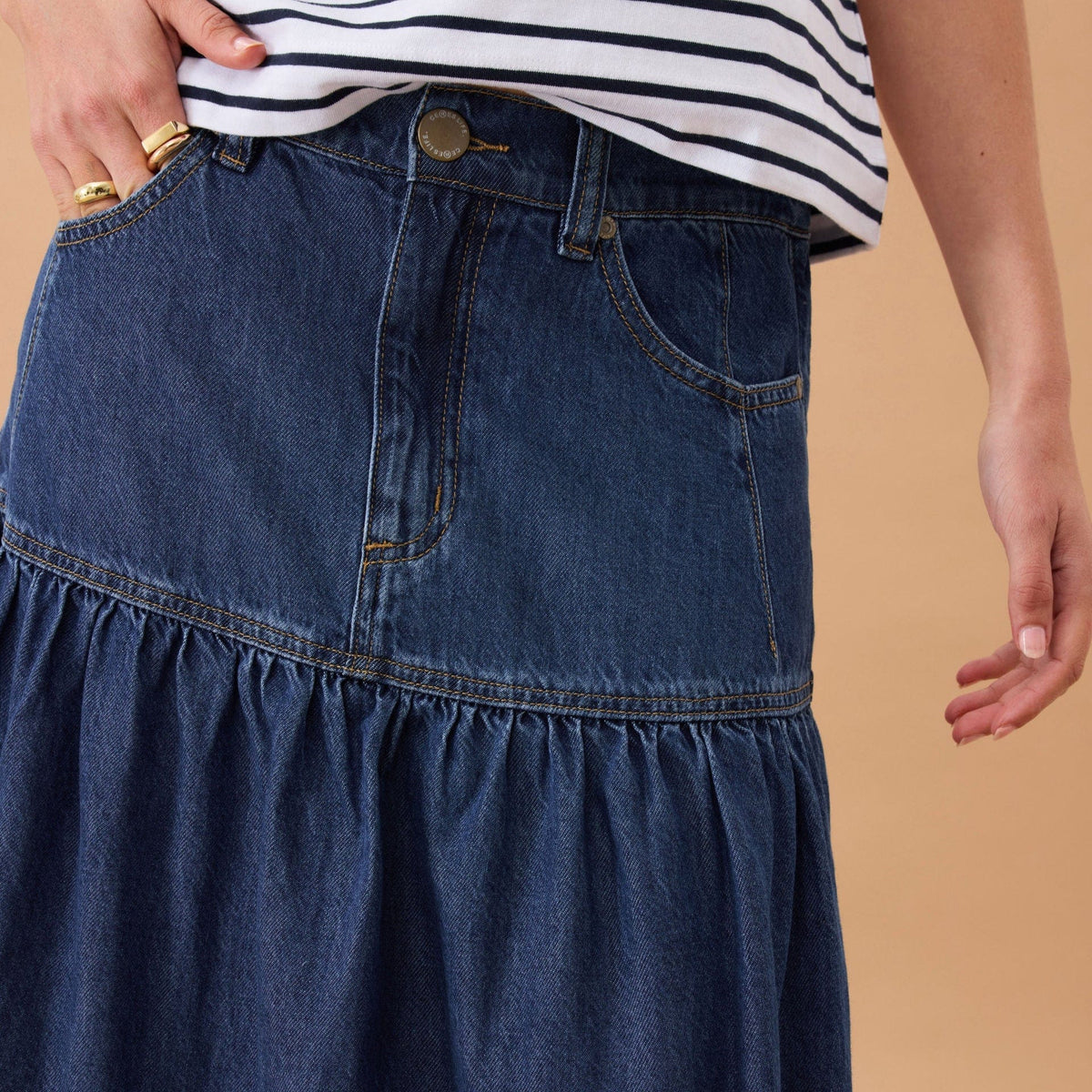 Ceres Life Drop Waist Denim Midi Skirt | Caspian Blue