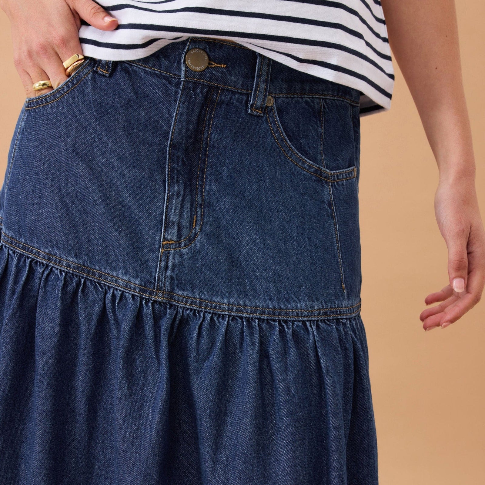 Ceres Life Drop Waist Denim Midi Skirt | Caspian Blue