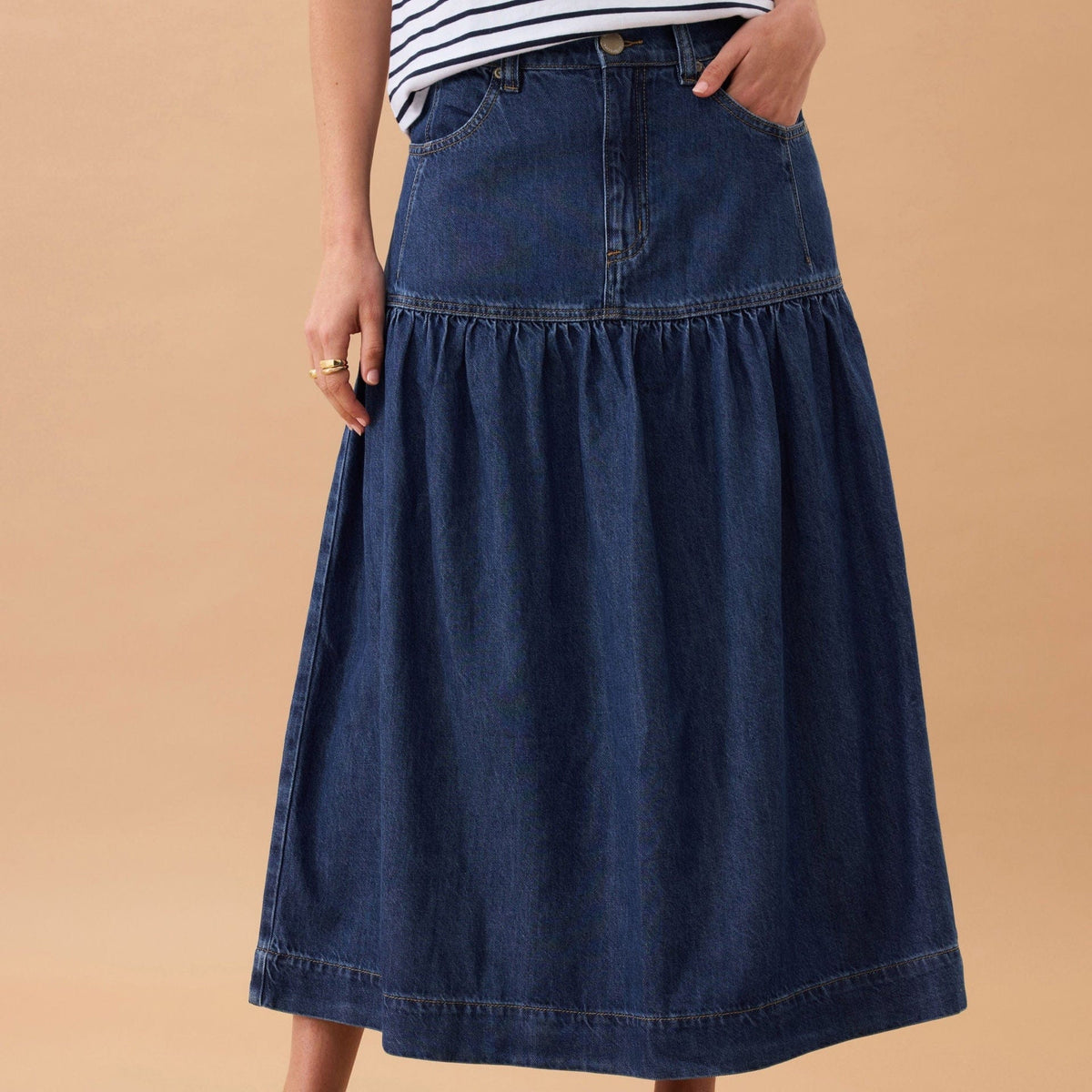 Ceres Life Drop Waist Denim Midi Skirt | Caspian Blue