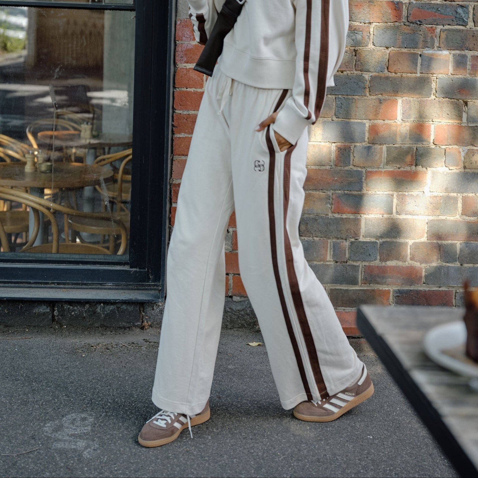 Ceres Life Gigi Wide Leg Terry Trackpant | Buff Choc Side Stripe