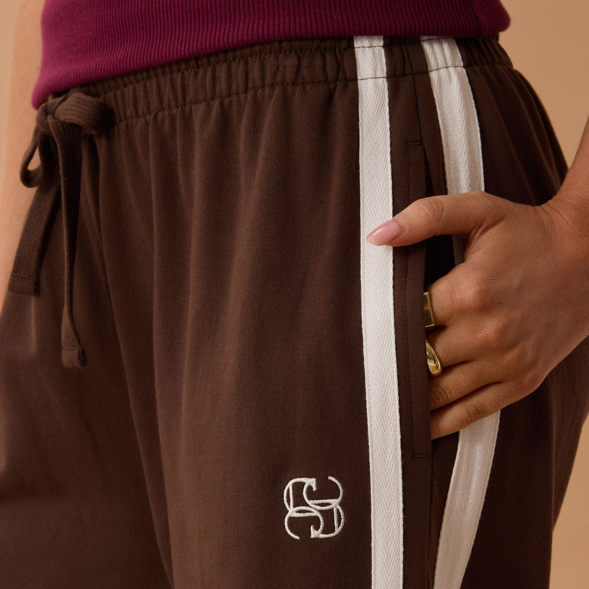 Ceres Life Gigi Wide Leg Terry Trackpant | Choc Side Stripe | Ceres Life