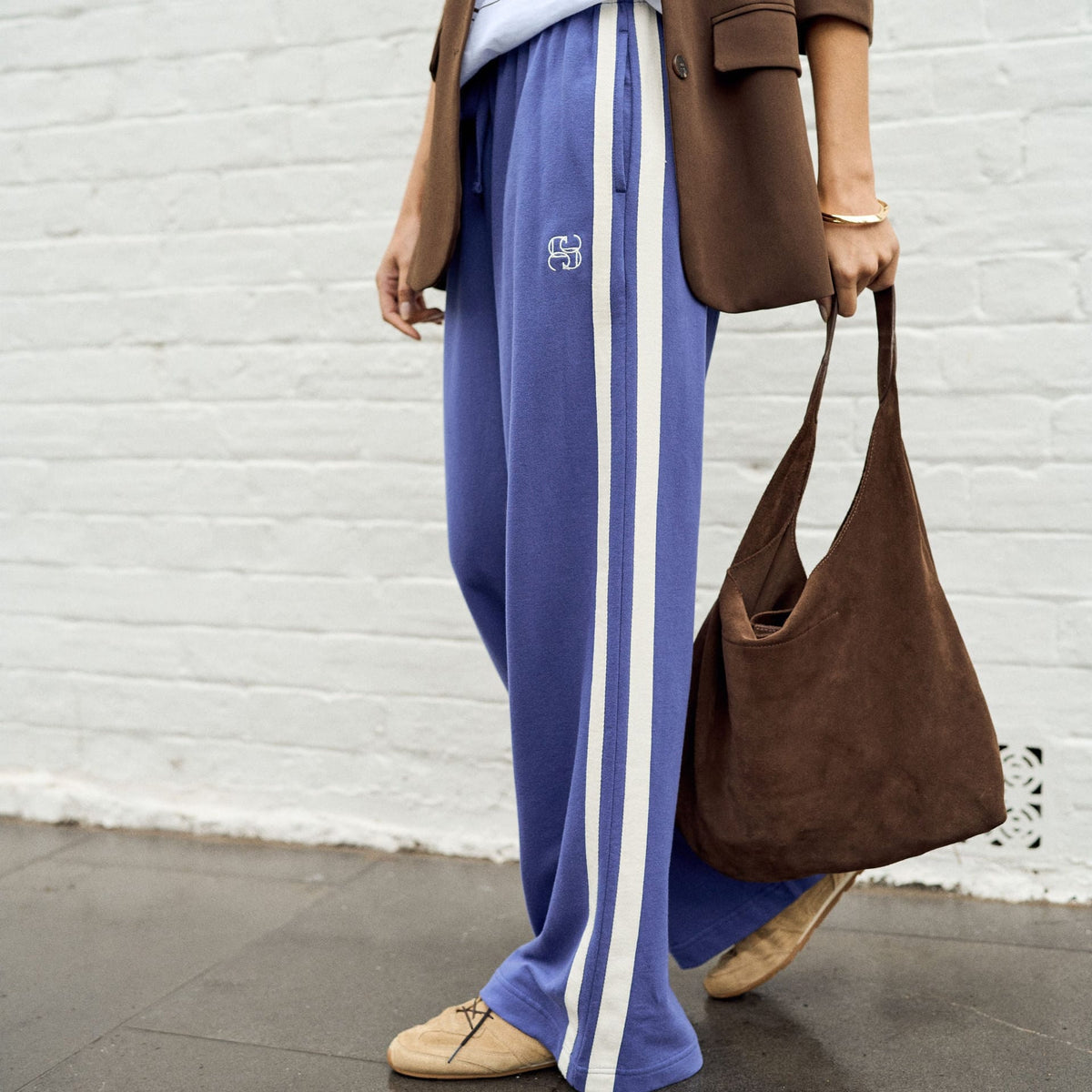 Ceres Life Gigi Wide Leg Terry Trackpant | Washed Navy Side Stripe
