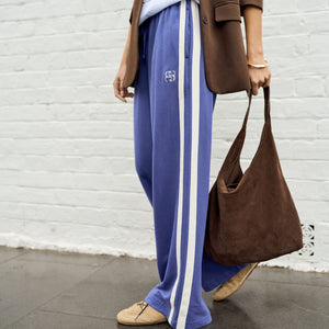 Ceres Life Gigi Wide Leg Terry Trackpant | Washed Navy Side Stripe