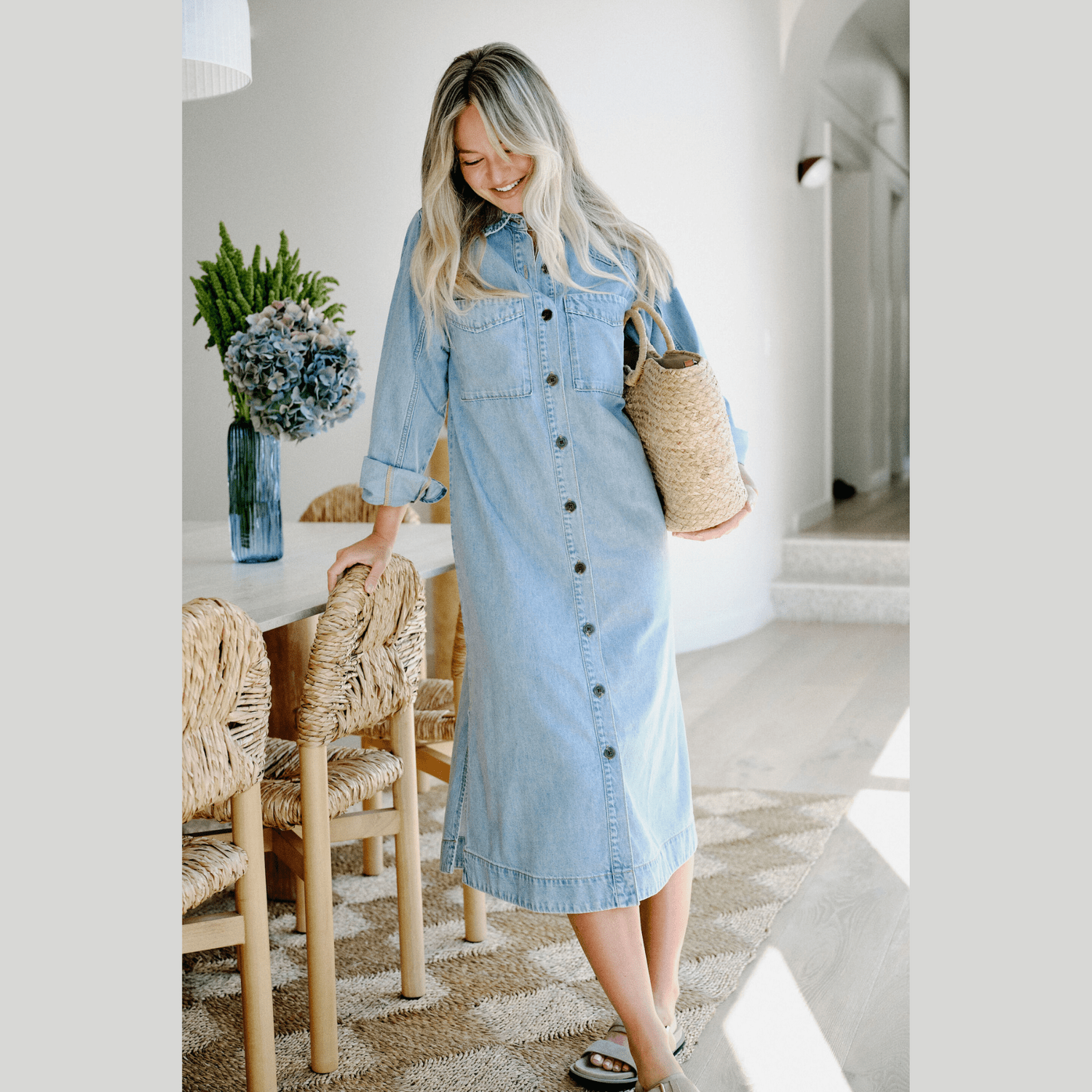 Ceres Life Long Sleeve Yoke Detail  Midi Dress | Vintage Blue