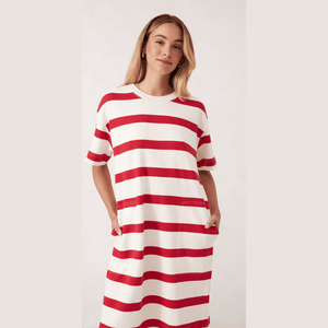 Ceres Life Midi Terry Dress | White + Red Stripe