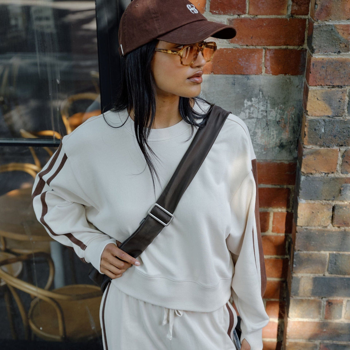Ceres Life Sasha Sporty Slouchy Crew | Buff Choc Side Stripe