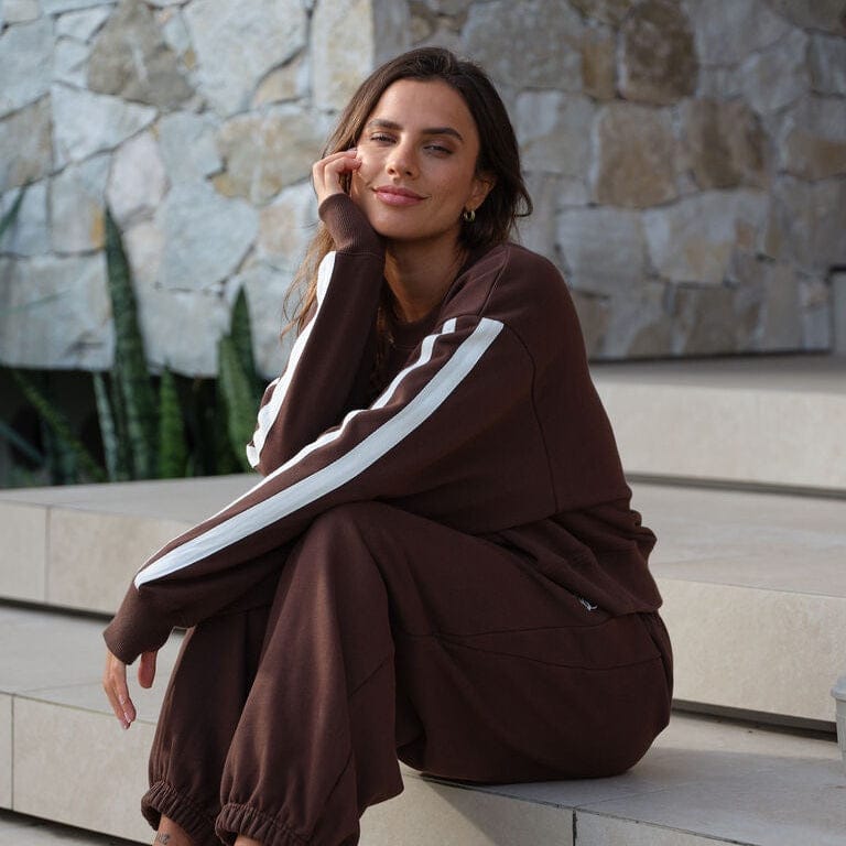 Ceres Life Sasha Sporty Slouchy Crew | Choc Side Stripe