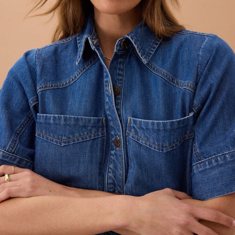 Ceres Life Short Sleeve Yoke Detail Midi Dress | Fresh Indigo | Ceres Life