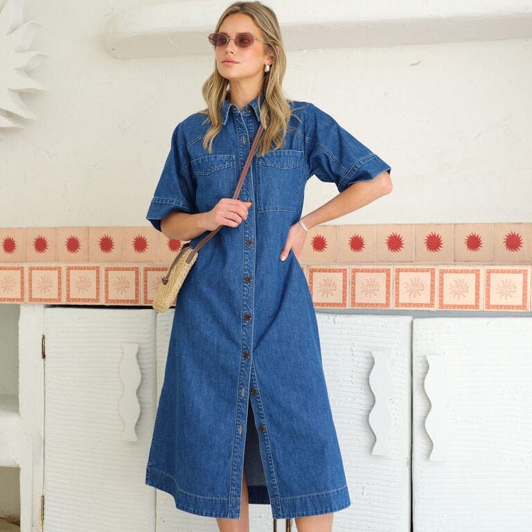 Ceres Life Short Sleeve Yoke Detail Midi Dress | Fresh Indigo | Ceres Life