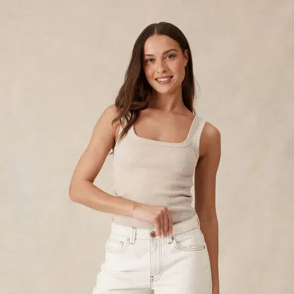 Ceres Life Zaeli Contour Rib Square Neck Tank | Oatmeal Marle