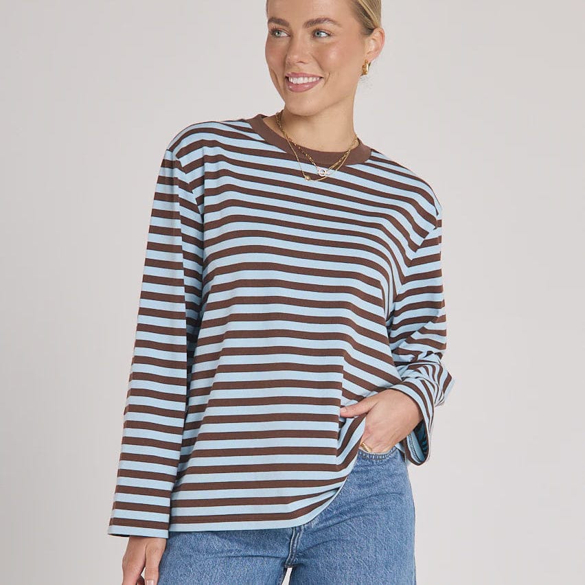 Feather + Noise Carter L/S Tee | Choc + Blue Stripe