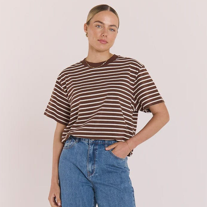 Feather + Noise Carter Tee | Choc + White Stripe