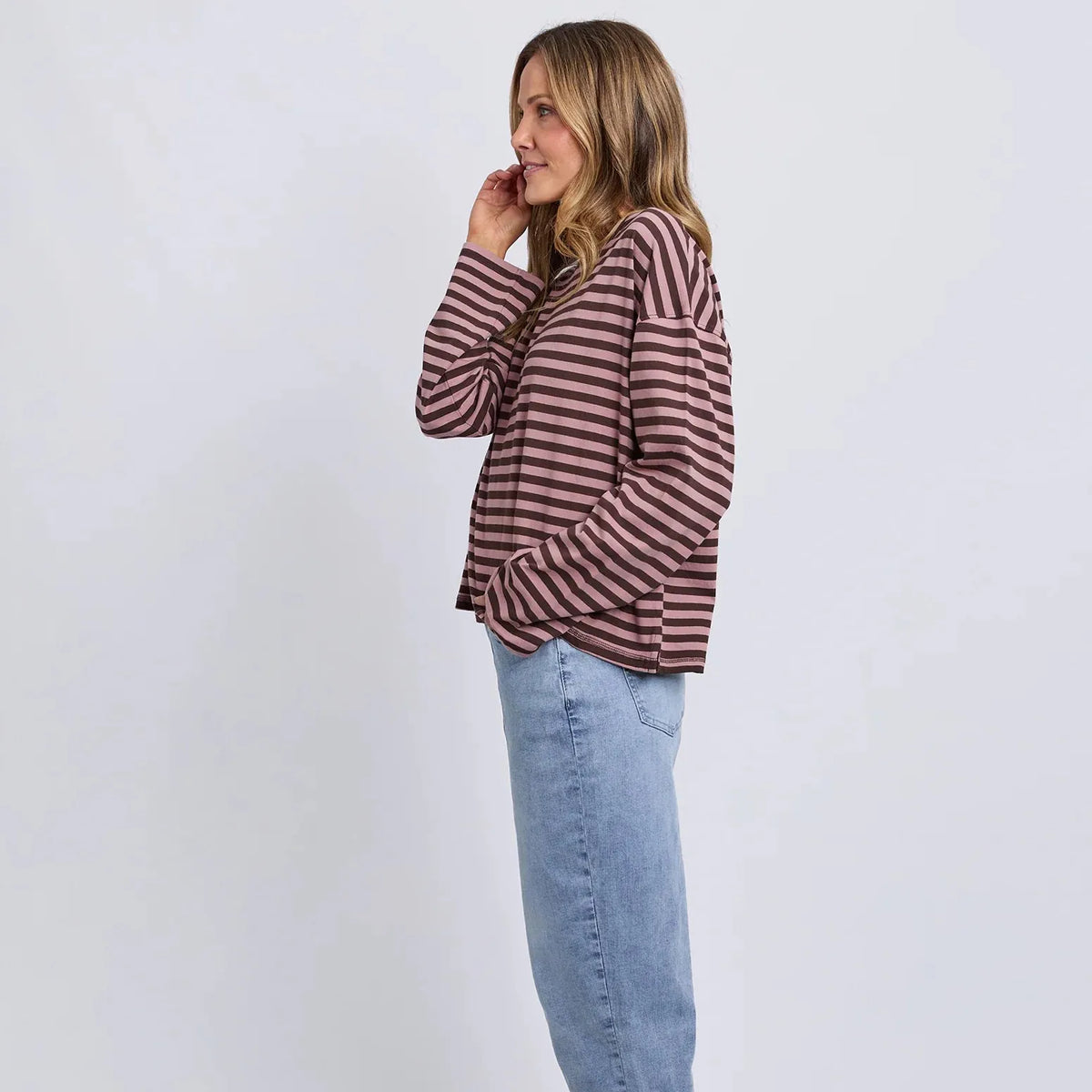 Foxwood Lola Stripe L/Sleeve | Coffe+Dusty Rose