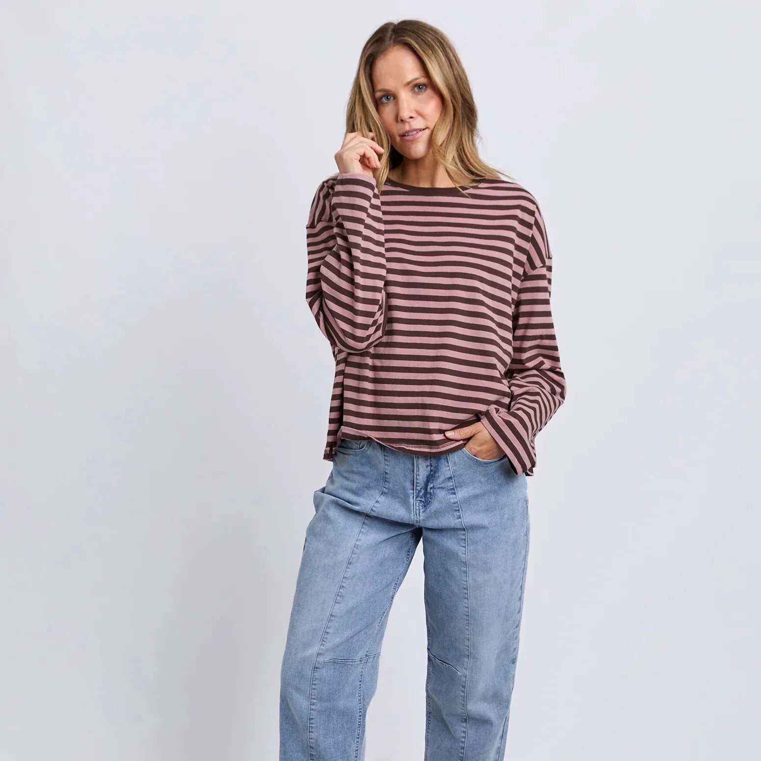 Foxwood Lola Stripe L/Sleeve | Coffe+Dusty Rose