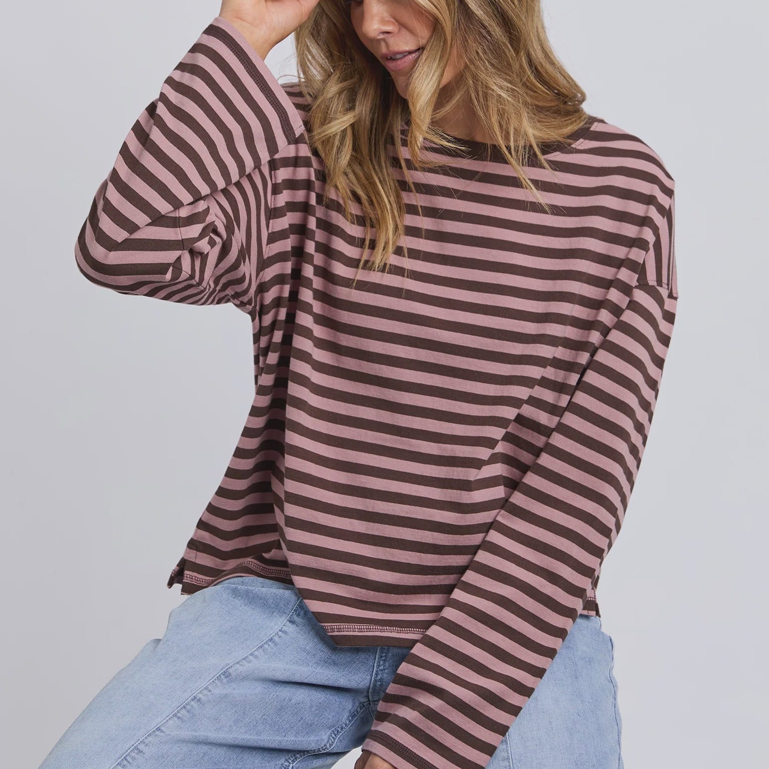 Foxwood Lola Stripe L/Sleeve | Coffe+Dusty Rose