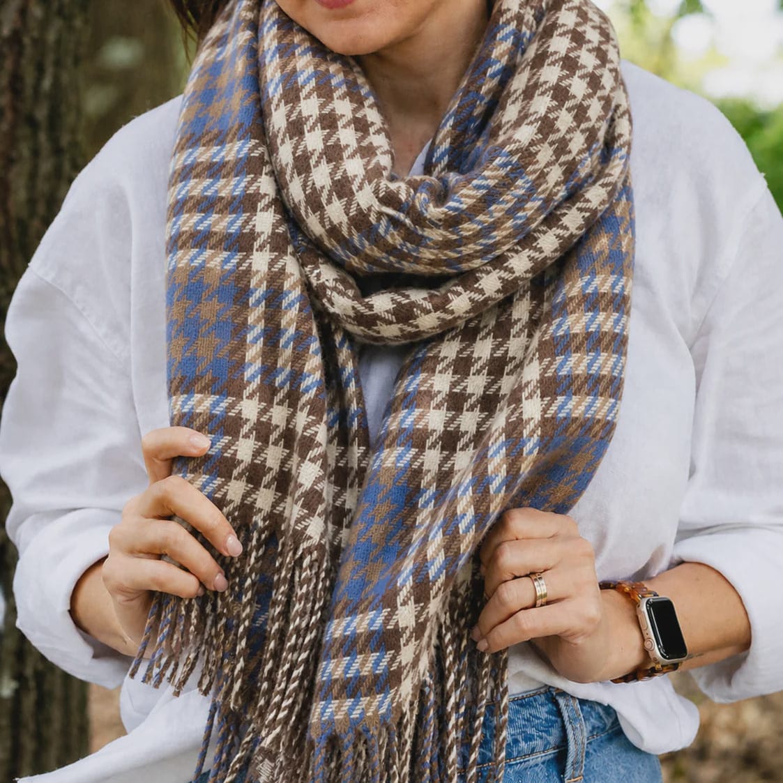 Greenwood Designs Houndstooth Scarf | Blue + Brown