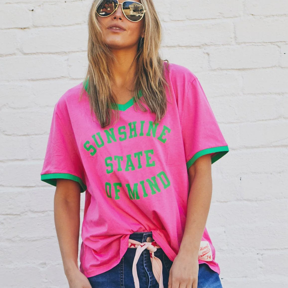 Hammill + Co Sunshine State of Mind Ringer Tee | Pink + Green | Hammill + Co