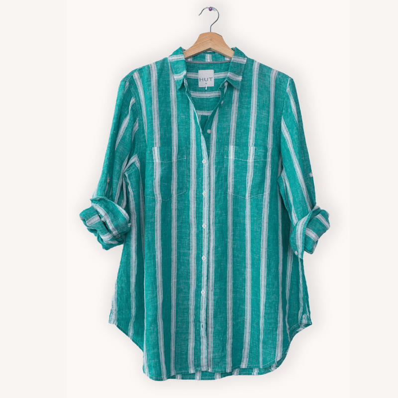 Hut Clothing Boyfriend Linen Shirt - Jade Ticking Stripe