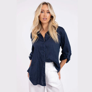 Hut Clothing Boyfriend Linen Shirt | Navy (no pocket)