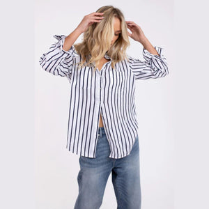 Hut Clothing Boyfriend Linen Shirt | Navy + White Stripe