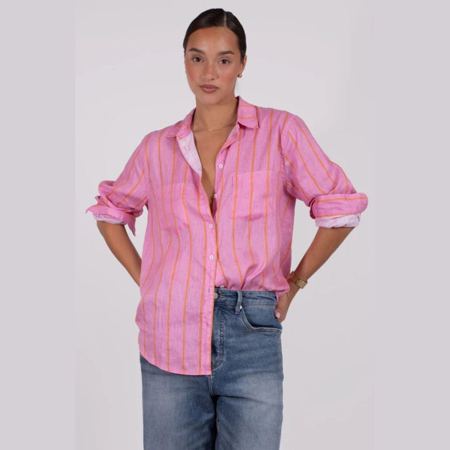 Hut Clothing Boyfriend Linen Shirt | Papaya Stripe