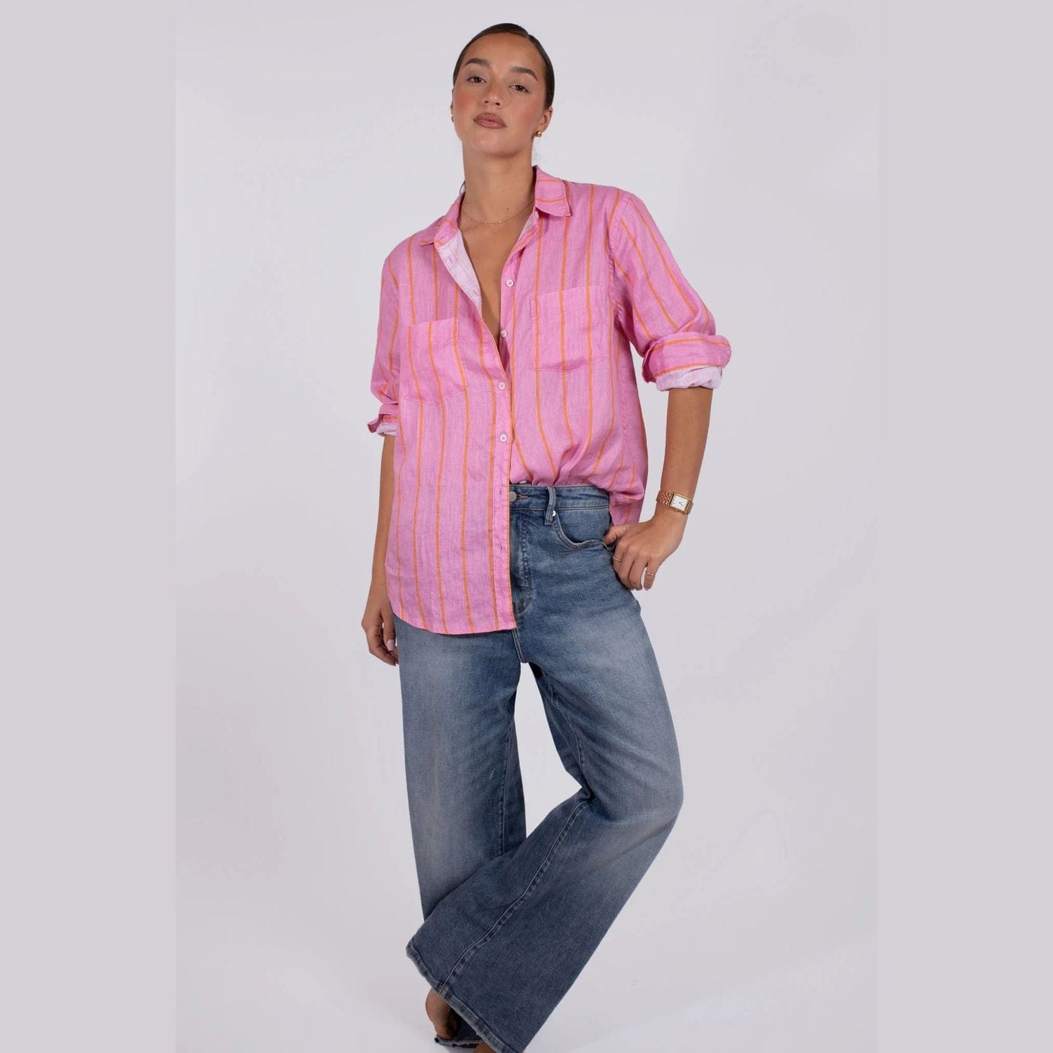 Hut Clothing Boyfriend Linen Shirt | Papaya Stripe