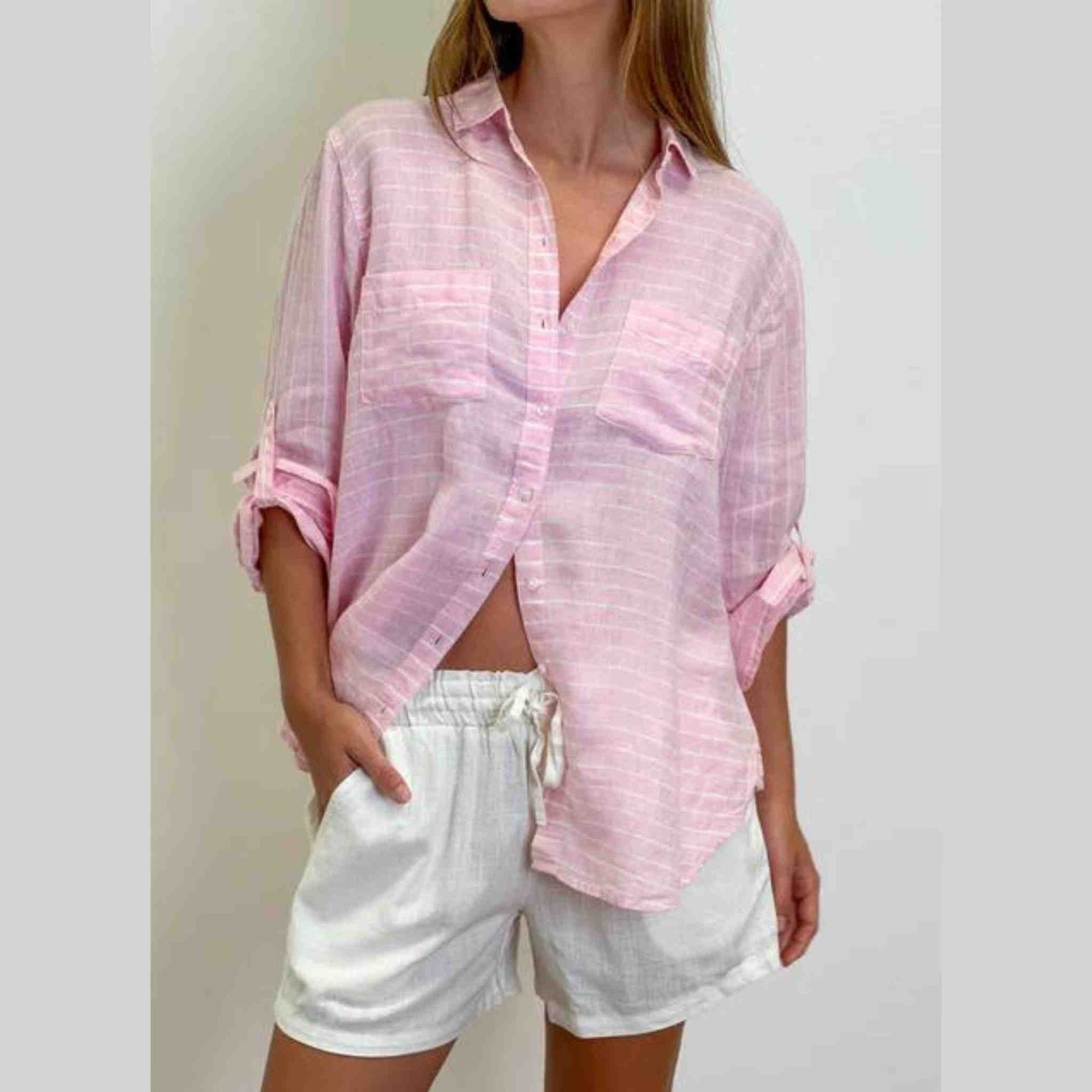 Hut Clothing Boyfriend Linen Shirt | Pink Horizontal Stripe