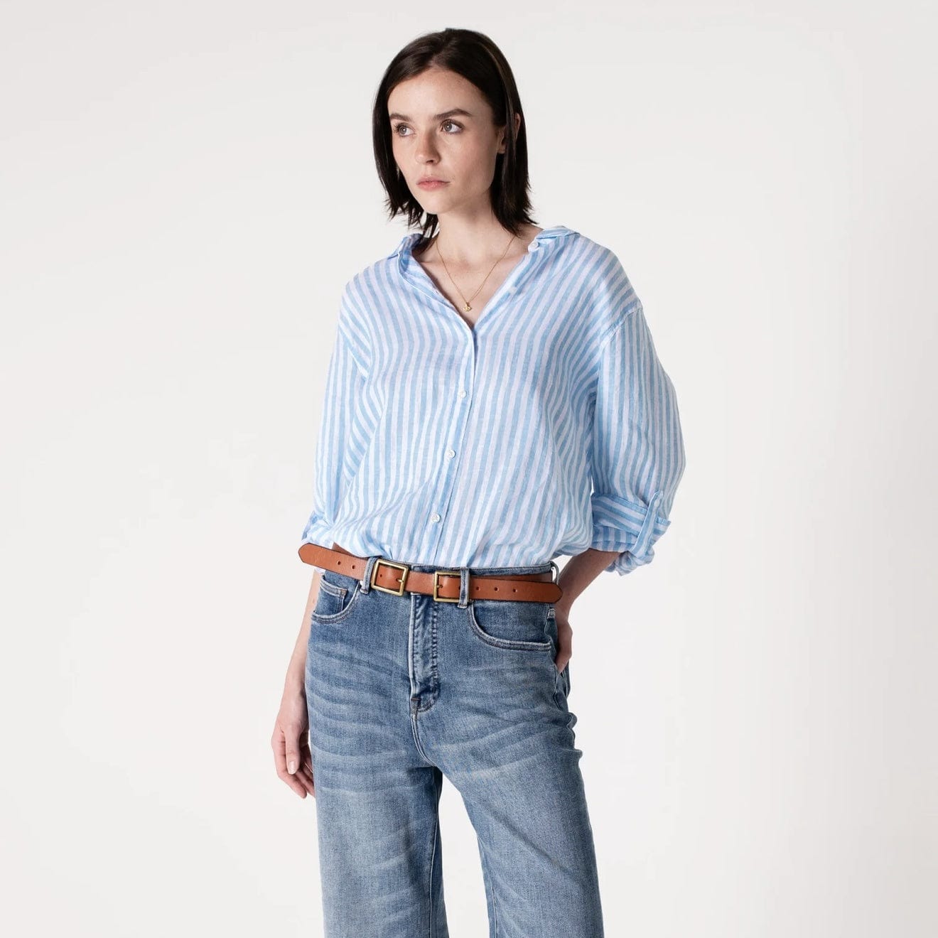 Hut Clothing Boyfriend Linen Shirt | Sky Blue Stripe