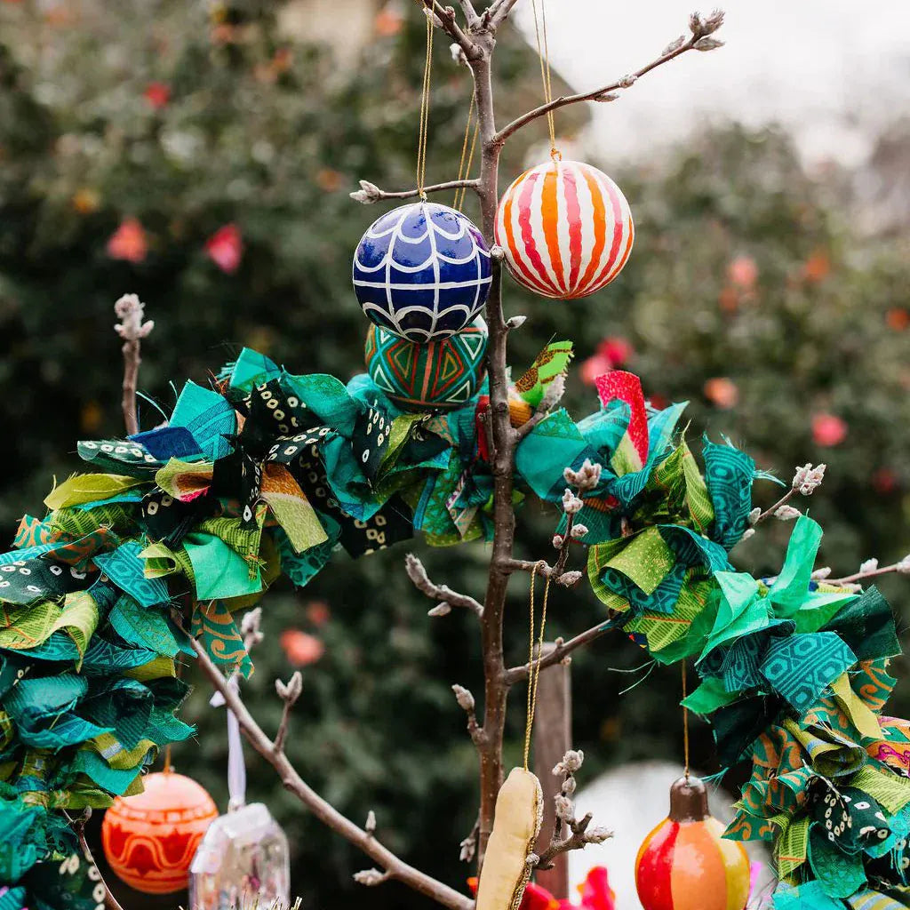 Mink + Me Hand Painted Paper Mauche Bauble Decoration | Red + Pink Stripe