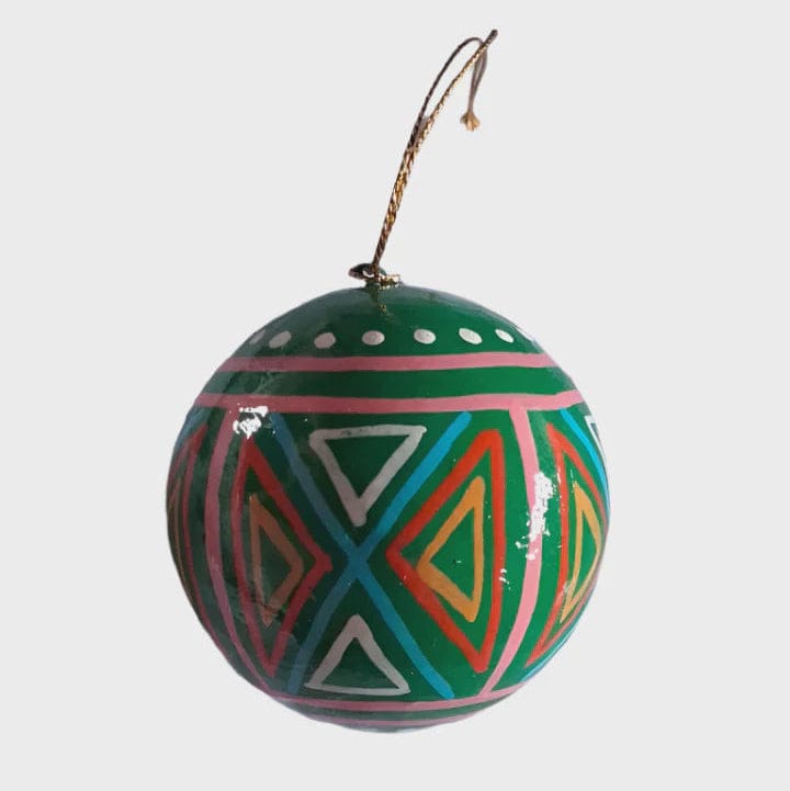 Mink + Me Hand Painted Paper Mauche Bauble Decoration | Green Geo Multi