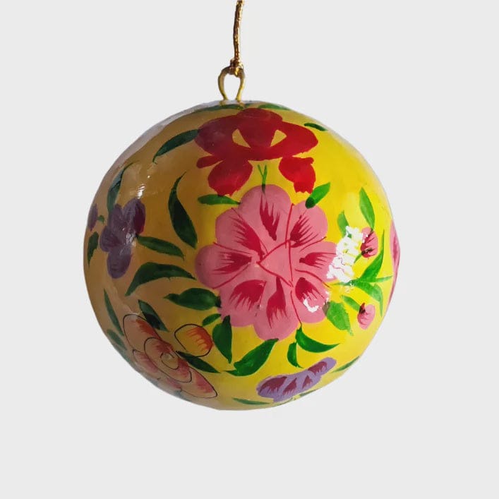 Mink + Me Hand Painted Paper Mauche Bauble Decoration | Yellow Floral