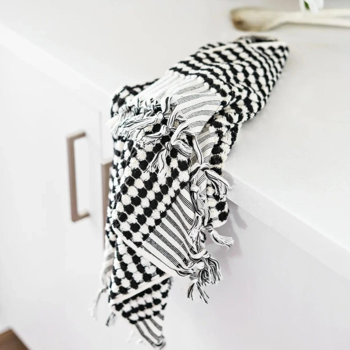 Miss April Towels Pom Pom Turkish Cotton Hand Towel | Black + White