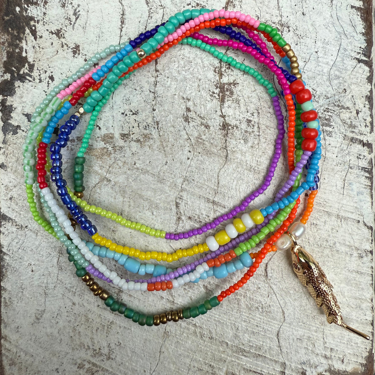 Rusty Pot Handmade Wrap Bracelet / Necklace | Orange Pearl Fish