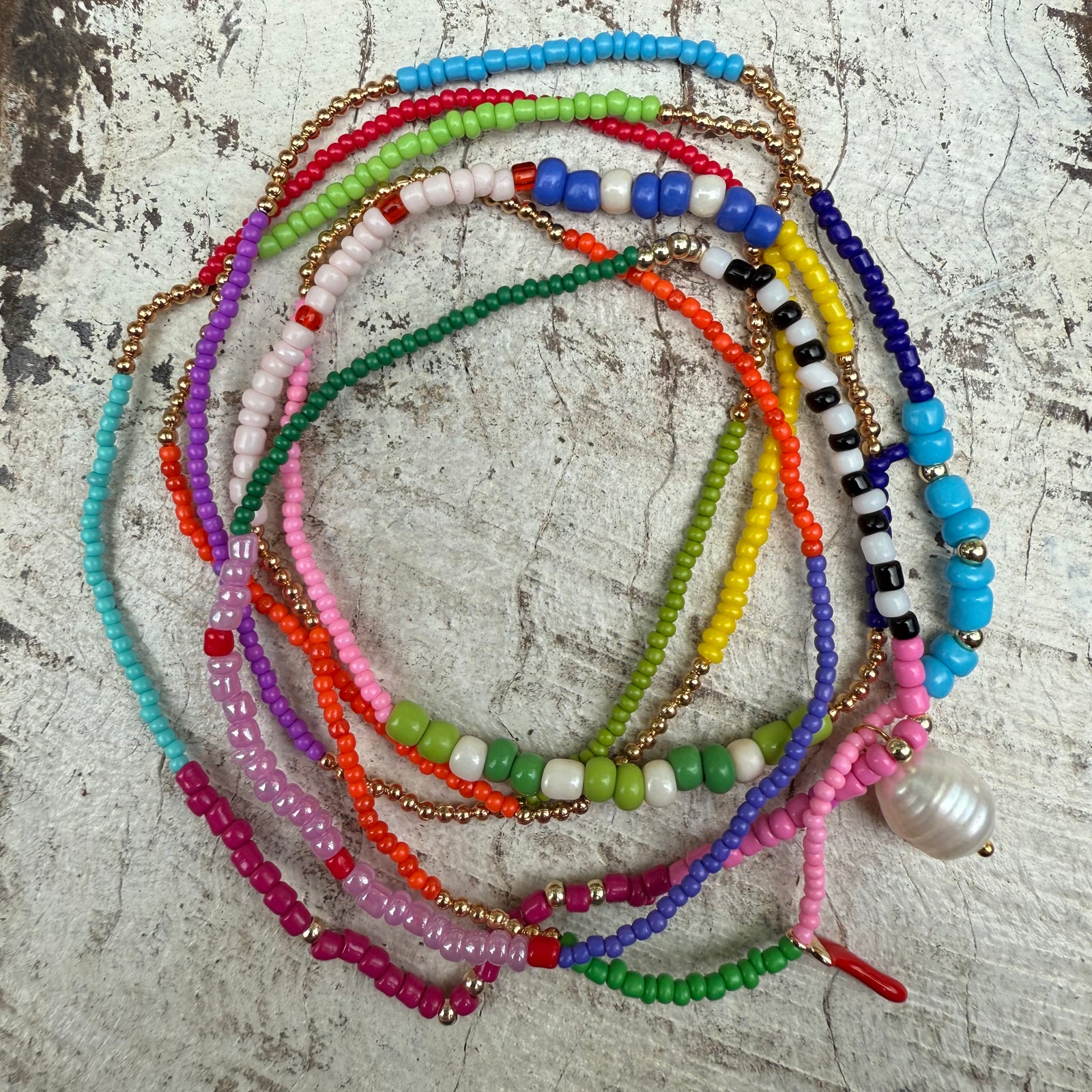 Rusty Pot Handmade Wrap Bracelet / Necklace | Pink Green Pearl Chilli