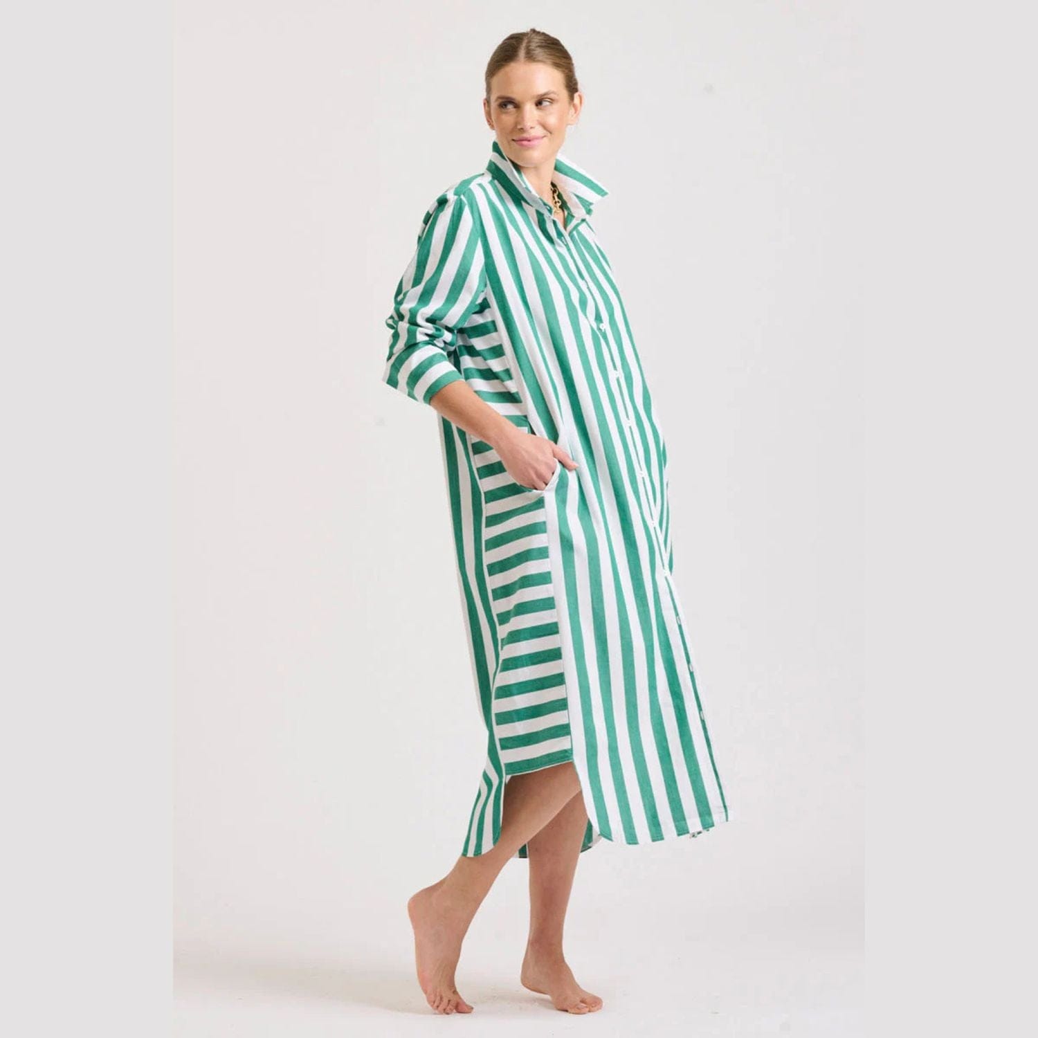 Shirty Andrea Shirtdress | Green Wide Stripe