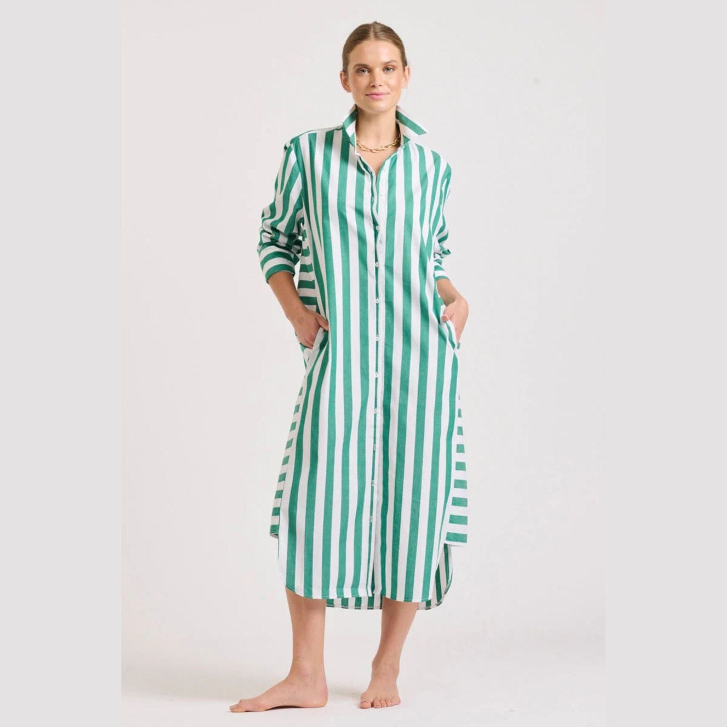 Shirty Andrea Shirtdress | Green Wide Stripe