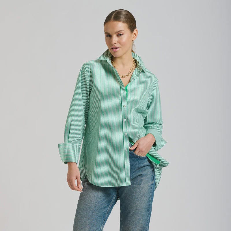 Shirty Elodie Trim Girlfriend Relaxed Shirt | Green Stripe