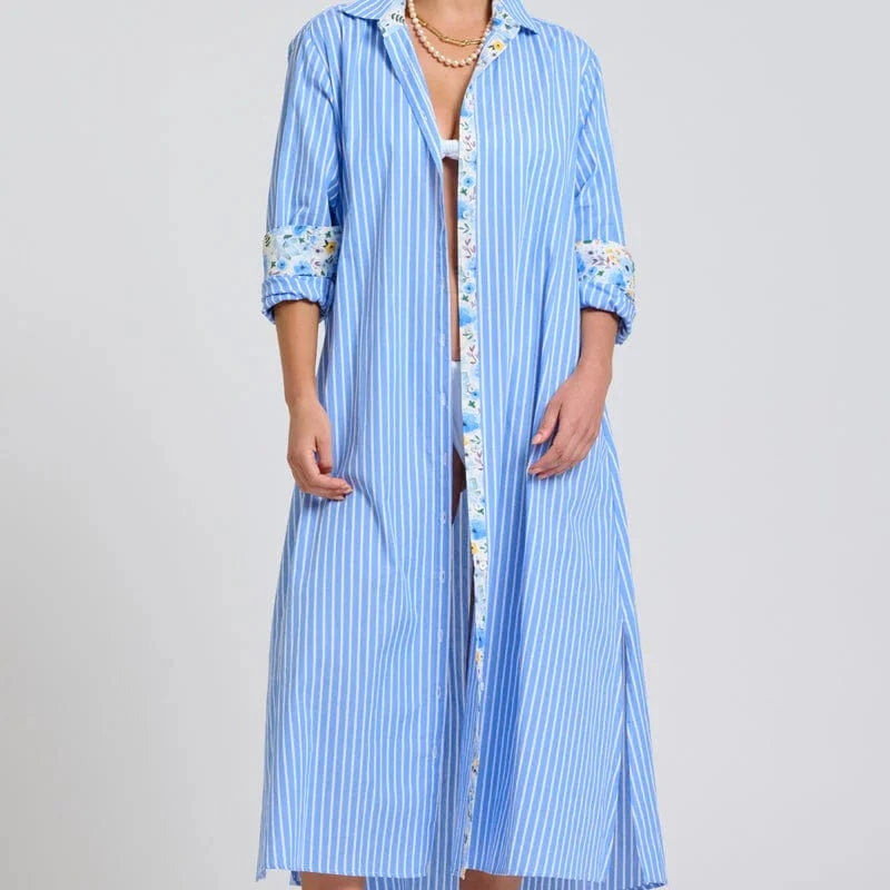 Shirty Luna Oversized Long Line Shirt Dress | Blue Stripe Floral Trim