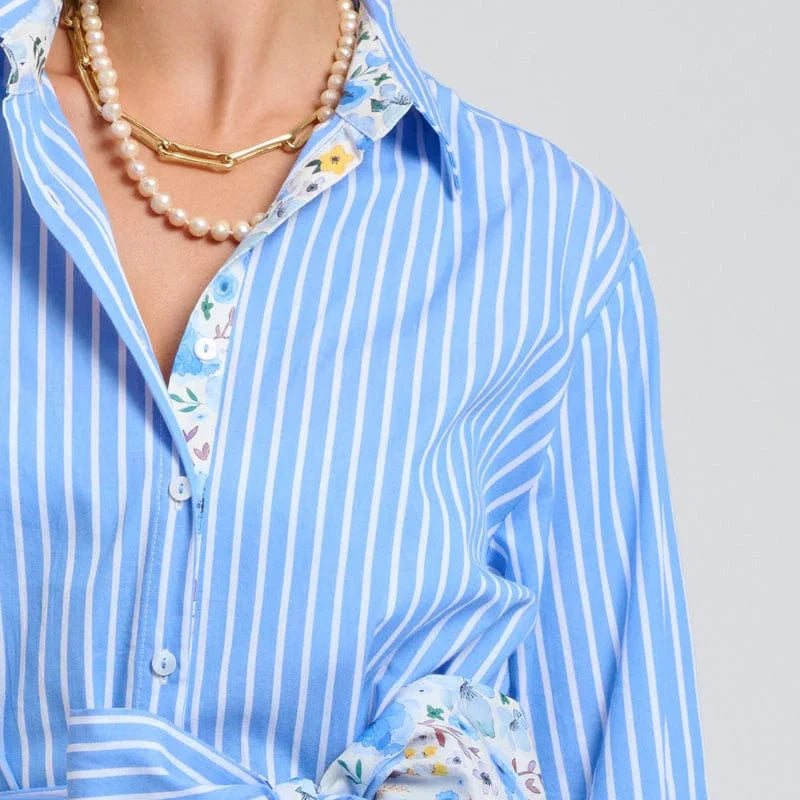 Shirty Luna Oversized Long Line Shirt Dress | Blue Stripe Floral Trim