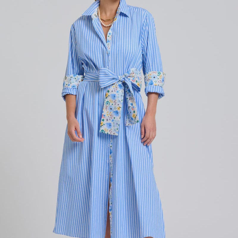 Shirty Luna Oversized Long Line Shirt Dress | Blue Stripe Floral Trim