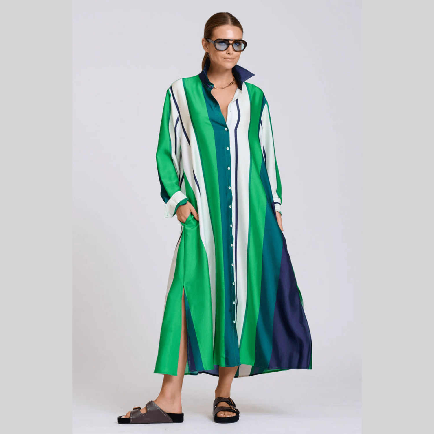 Shirty Luxe Luna Longline Shirt Dress | Navy + Green Bold Stripe