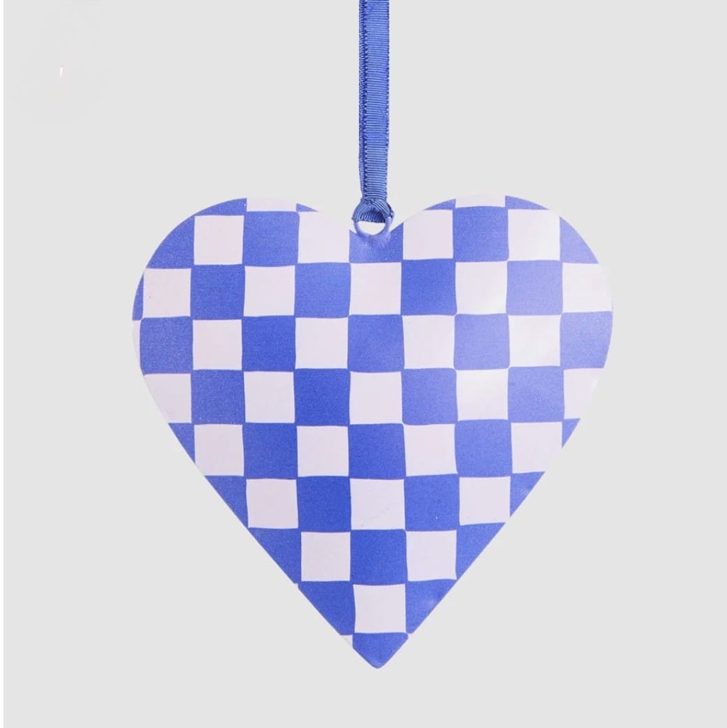 Sunday Merchant Joy Hand Painted Heart Tree Decoration | Blue Check